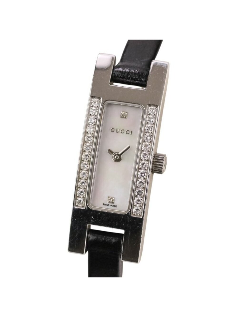Gucci Diamond Bezel Square Quartz Watch White Shell Dial Silver Colored Black